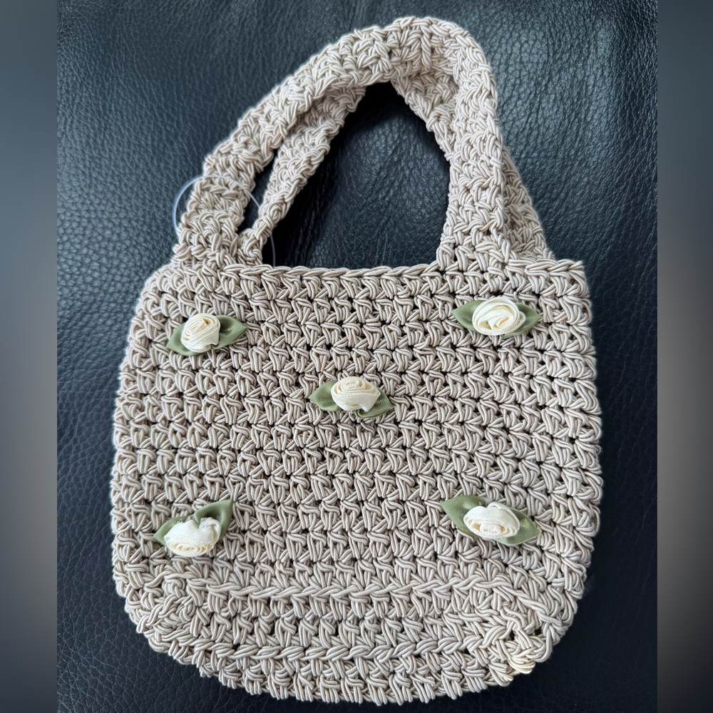 Vintage, Mini, Crochet Handbag with Satin floral appliqués.